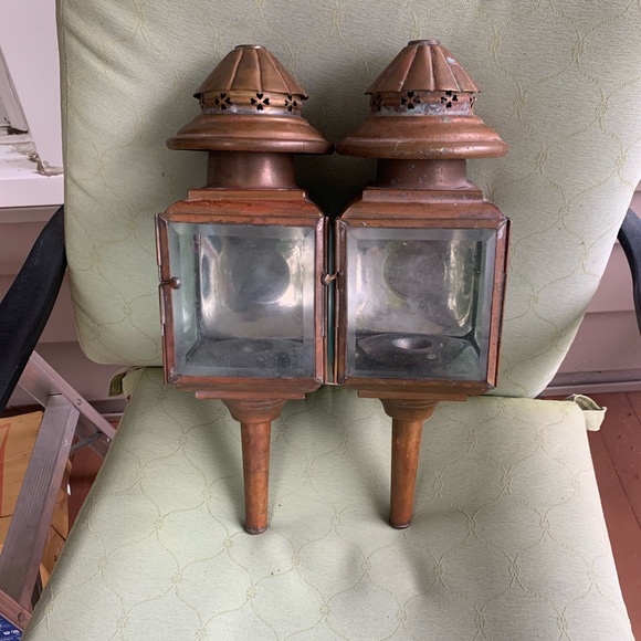 Pair of Antique 19th Century Copper & Beveled Glass Carriage Lamps. Must See!!! - Picture 1 of 11